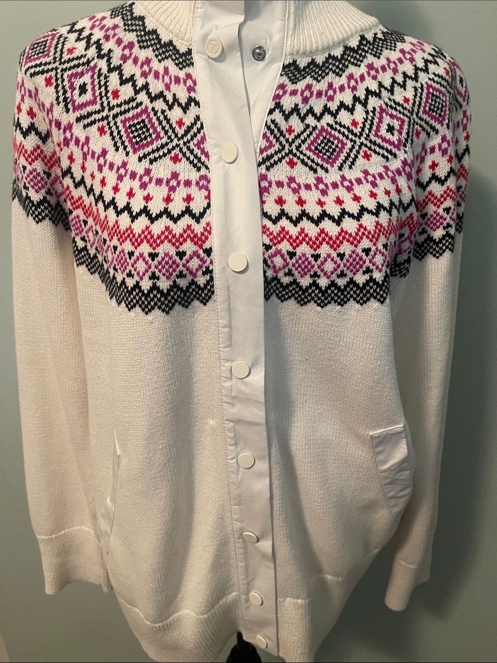 T by Talbots Cream Button-Front Fair Isle Cardigan with Pink & Black Accents